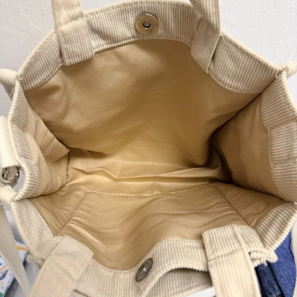 Canvas Corduroy Tote Bag Beige Snap Closure Pocket Adjustable Shoulder Strap - Picture 4 of 4